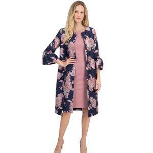 Kasper Womens Floral Jacquard Open Front Topper Jacket‎ Navy Pink 8 10927197-EH8